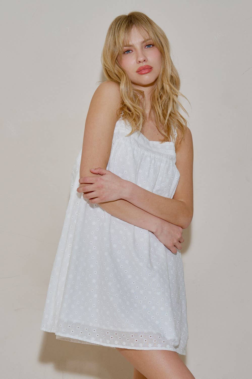 A4513D Woven Embroidery Eyelet Sleeveless Mini Dress