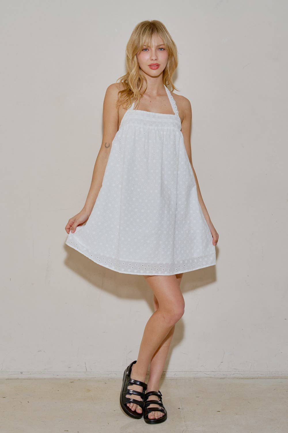 A4513D Woven Embroidery Eyelet Sleeveless Mini Dress