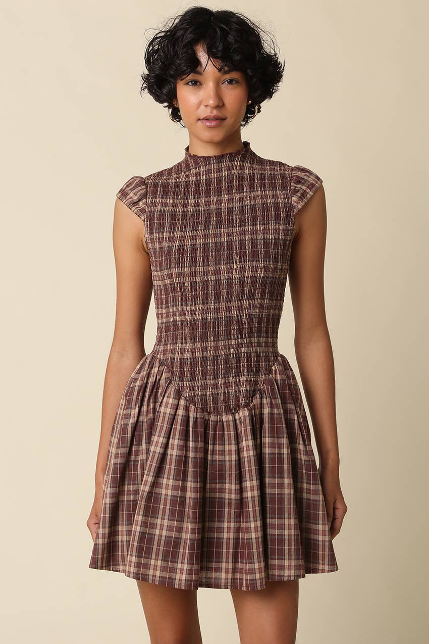 Rinsely Plaid Smocked Mini Dress