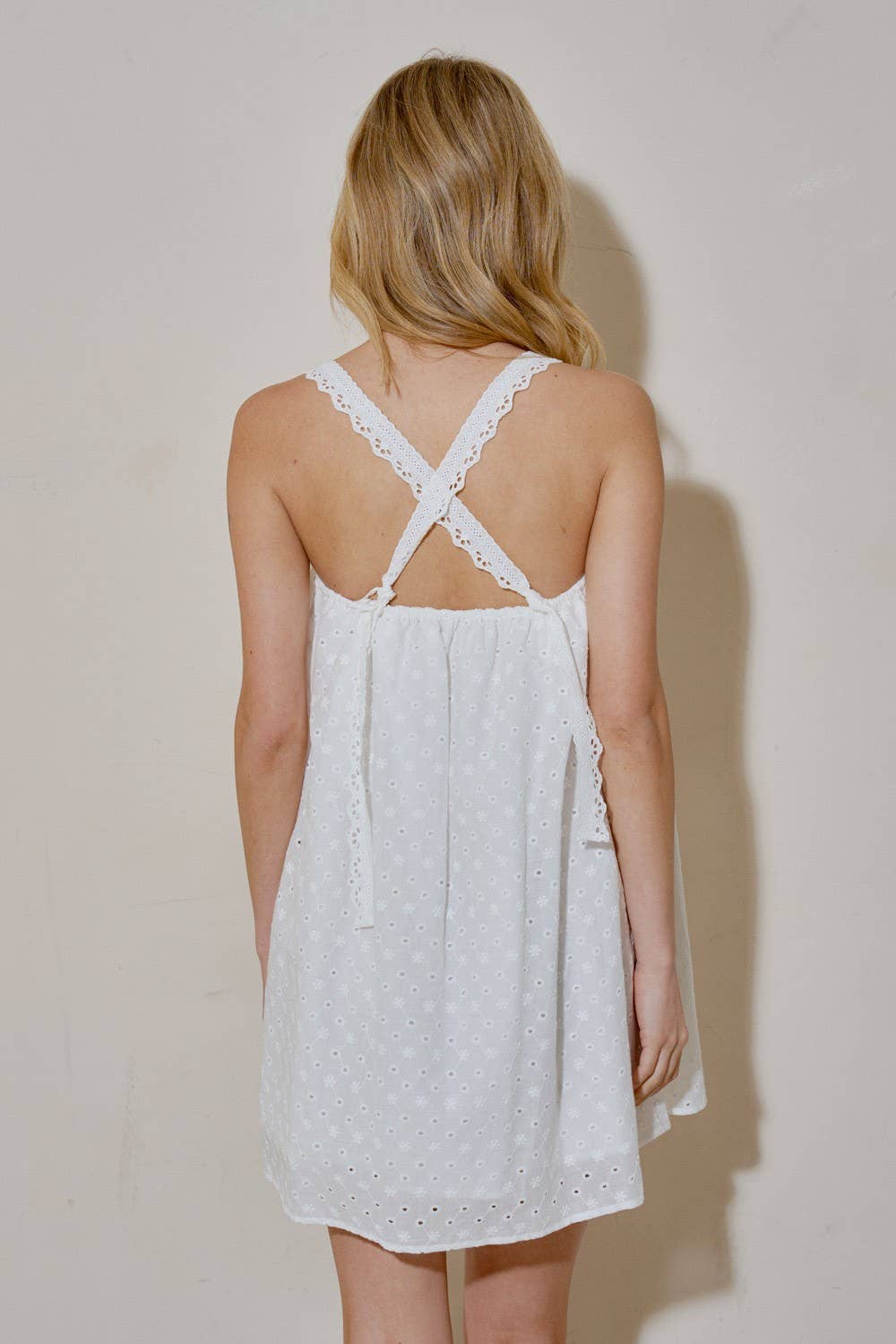 A4513D Woven Embroidery Eyelet Sleeveless Mini Dress