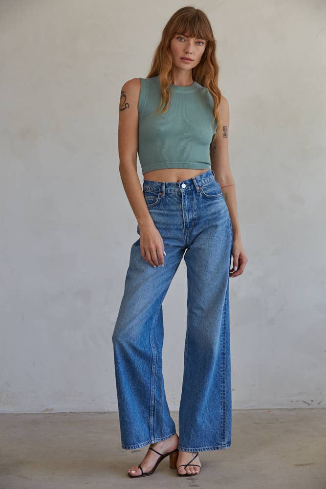 S1106N | Knit Seamless Ribbed Round Neck Sleeveless Top