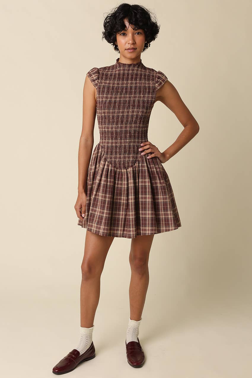 Rinsely Plaid Smocked Mini Dress