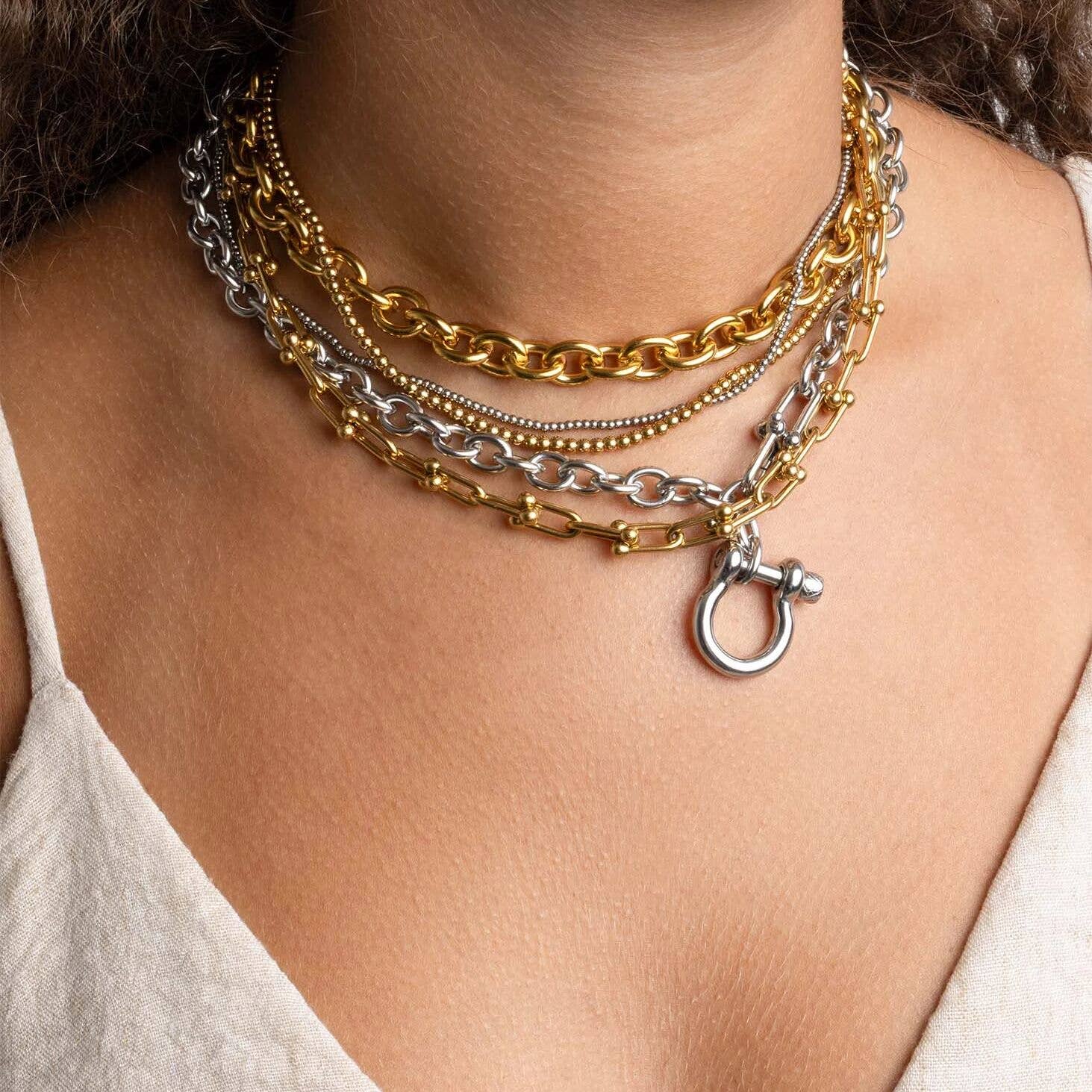 Gold Stainless Steel Y Necklace with Horse shoe Carabiner